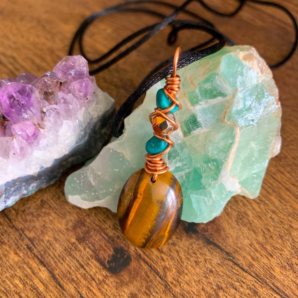 NEW Wire Wrapped Tigers Eye & Turquoise Necklace
